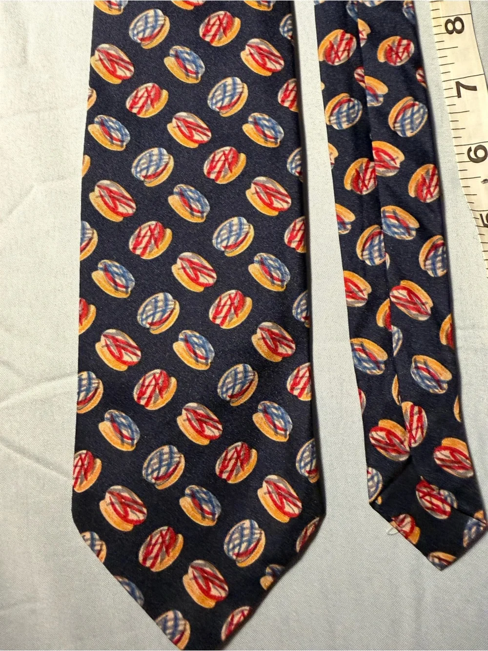 Classic Navy Men's Tie. Red & Gold donut Pattern. Italian silk styled made USA